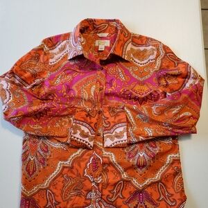 Talbots Retro Vibes Orange and Pink Paisley Blouse Petite Size Large